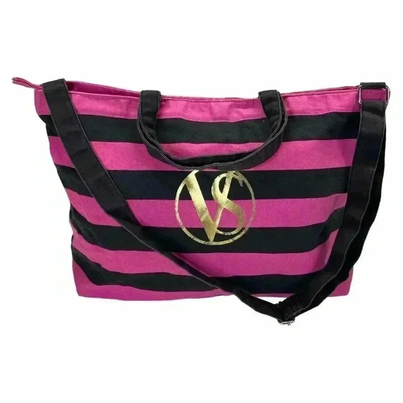 Victoria's Secret Logo Duffel Weekender Tote Bag Beach Travel Stripe Black Pink - Picture 1 of 8
